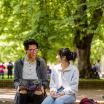 Students using computer on Park Blocks