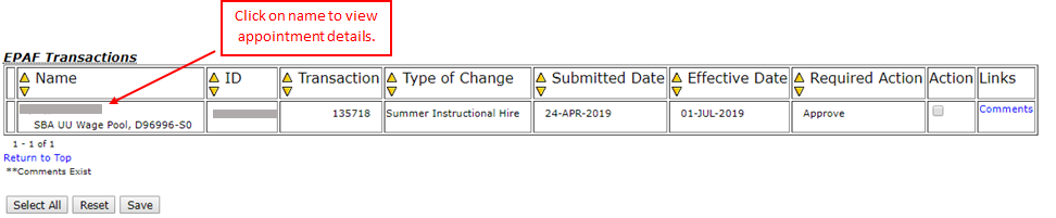 Image of the approver summary with the user selecting their appointment.