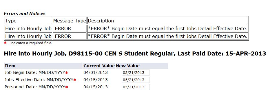 screen shot of error stating Begin Date must equal the first Jobs Detail Effective Date.