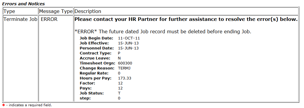 scree shot of error stating the future job record must be deleted before ending job