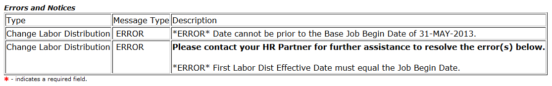 screen shot of error stating date cannot be prior to the base job begin date