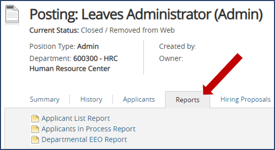 screenshot of selecting reports tab