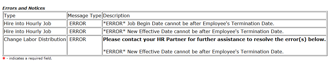 screen shot of error stating job begin date cannot be after employee's termination date
