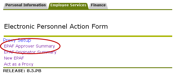 Image of user selecting the "EPAF Approver Summary" link from the Electronic Personnel Action Form menu.