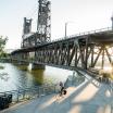 Portland's Steel Bridge with biker in the foreground