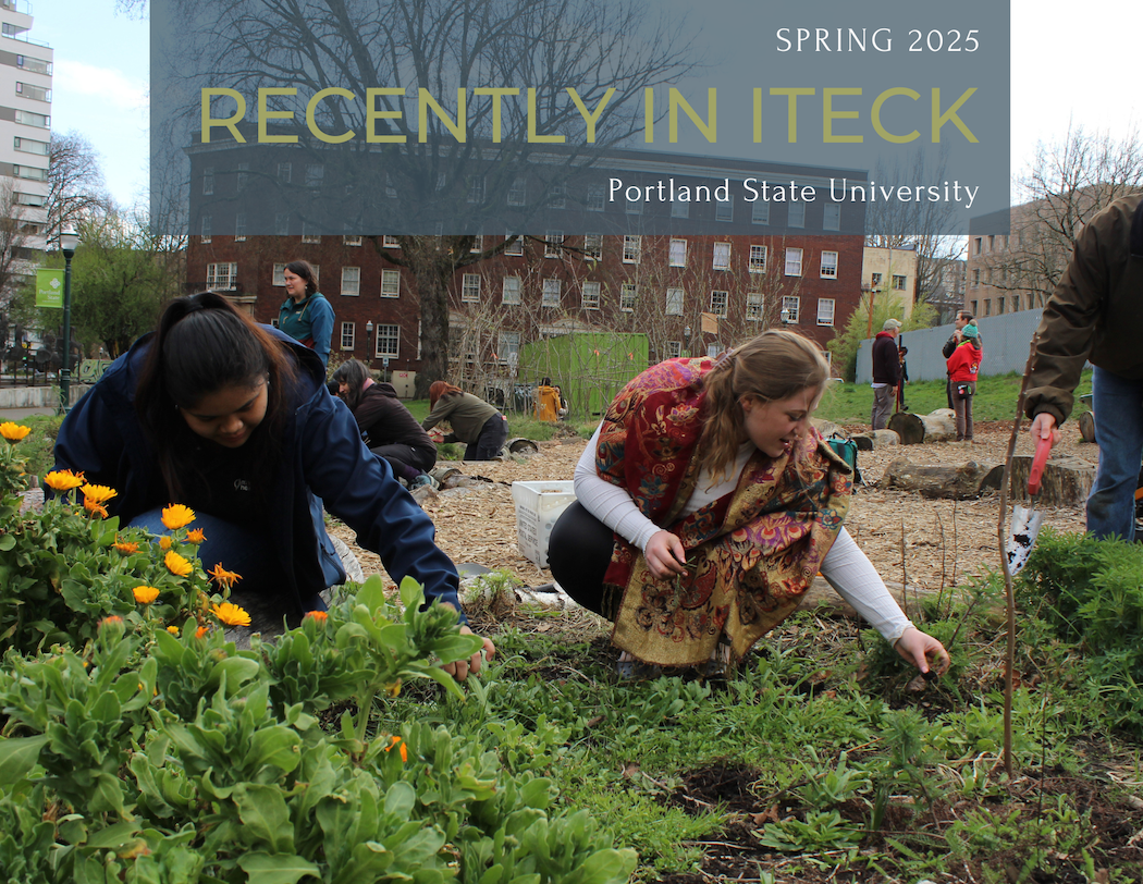 Cover of ITECK Newsletter. Close up are two students tending mircro prairies. In the background ITECK Community are gathered doing various projects.