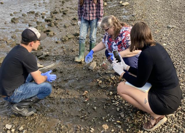 A group of researchers conduct field work along the Willamette River