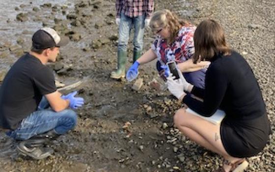 people crouched down and collecting samples with gloves near the river 