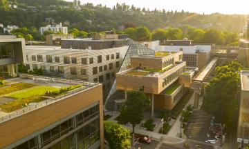 An aerial view of buildings at PSU