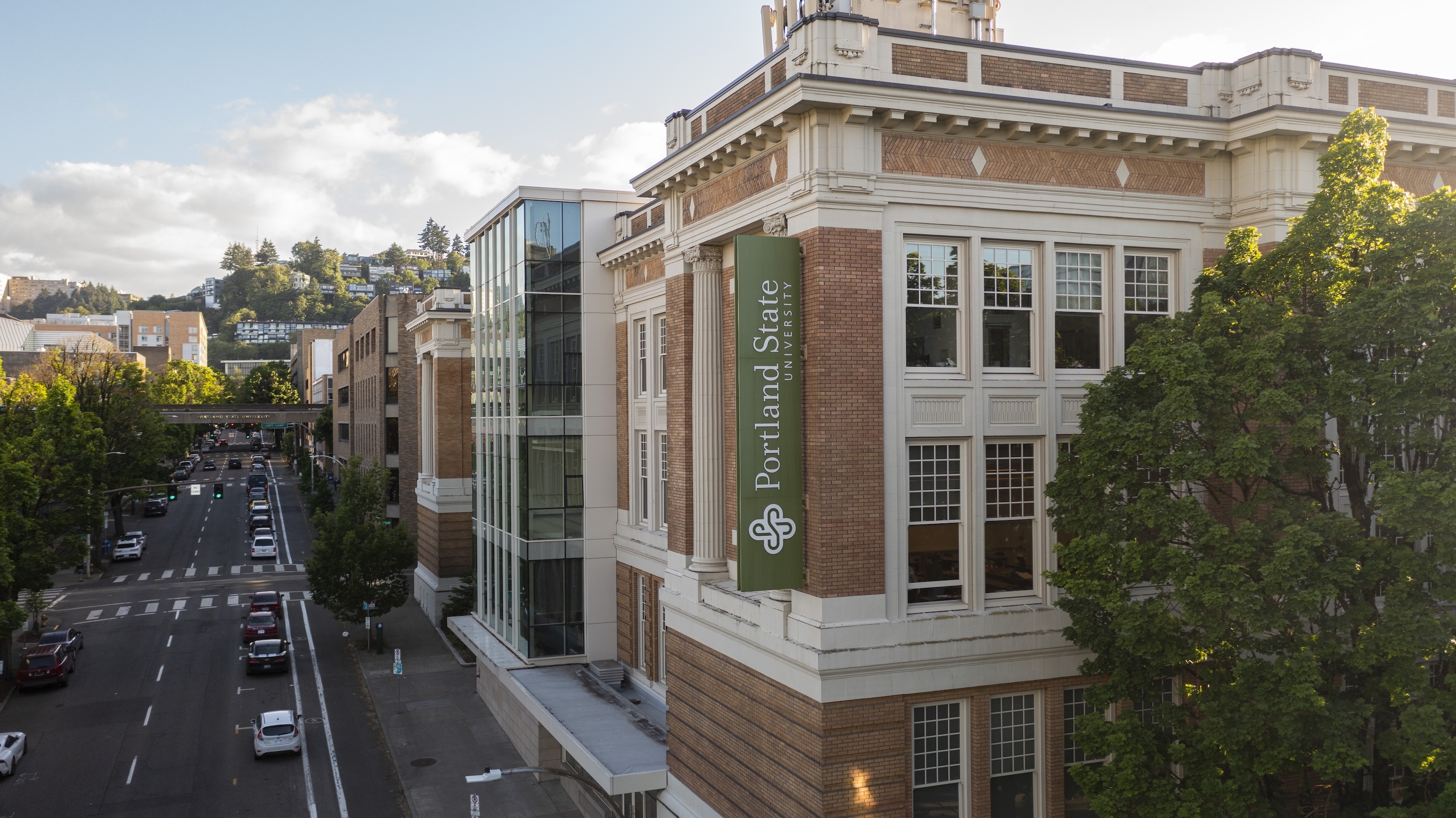 View of SW Broadway with PSU banner on Lincoln Hall