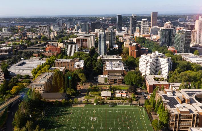 Aerial view of PSU and Portland skyline