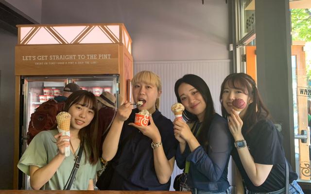 4 International students from Japan enjoying ice cream at Salt & Straw