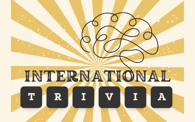 Text reads "International Trivia night" with an outline of a brain
