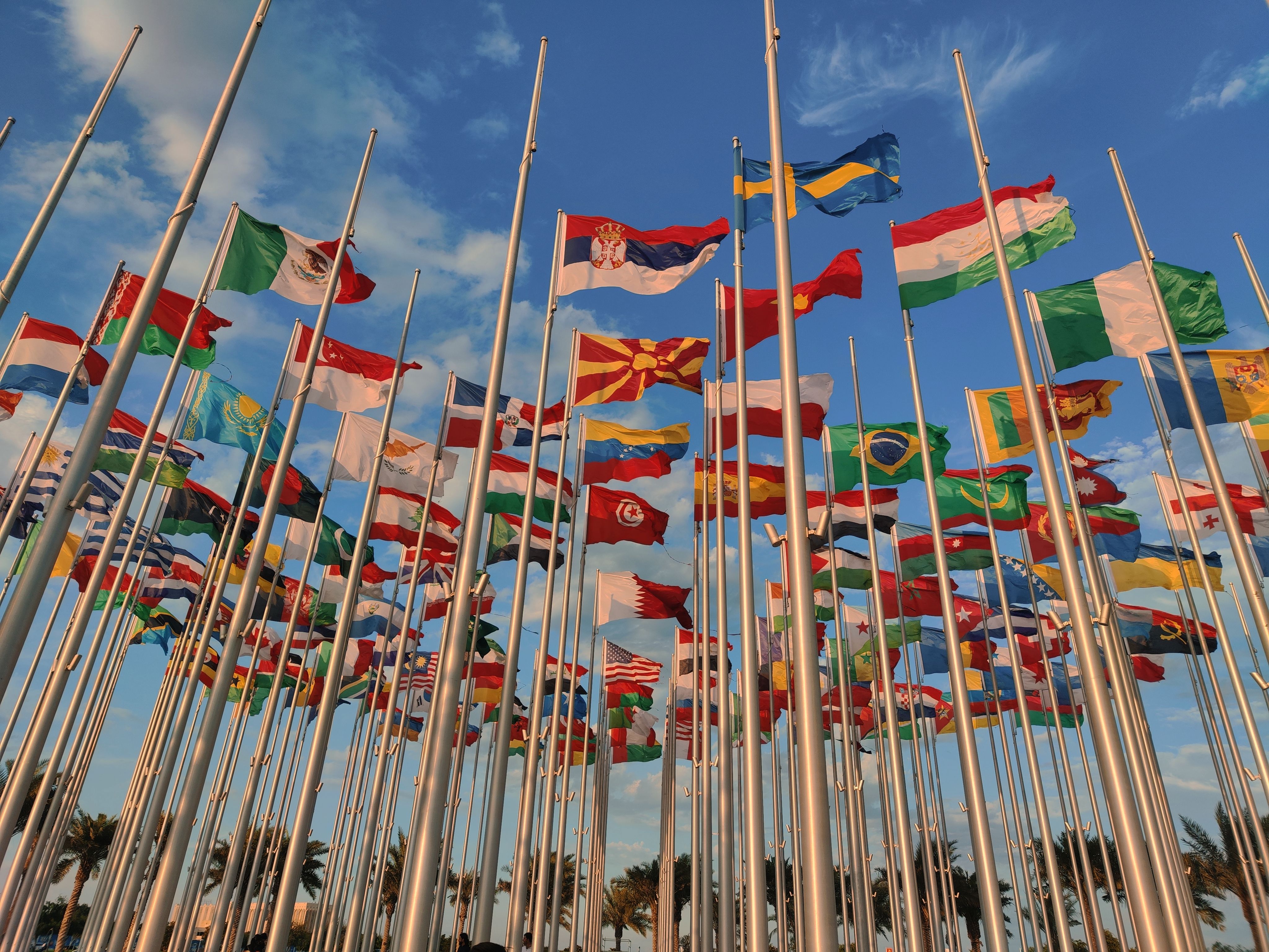 A collection of international flags flown on flagpoles