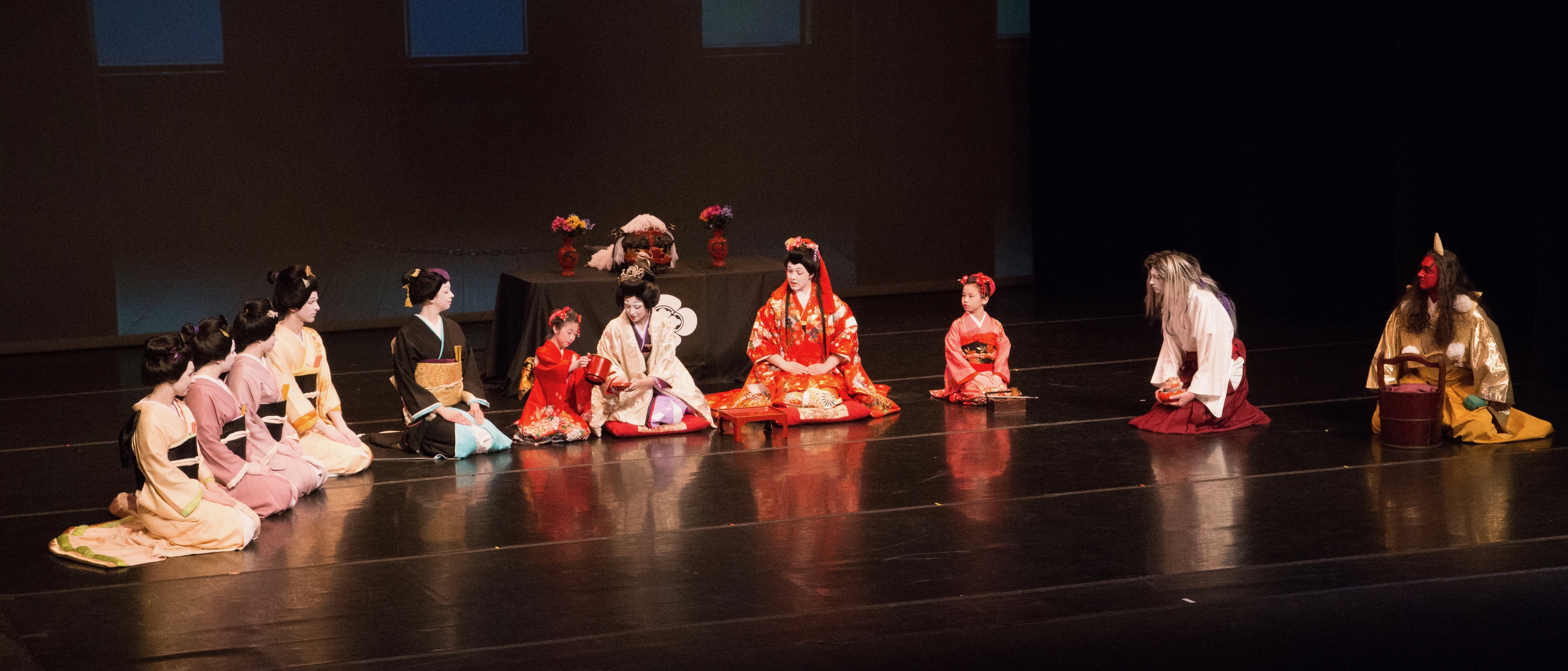 actors spread across the stage in The Castle Tower