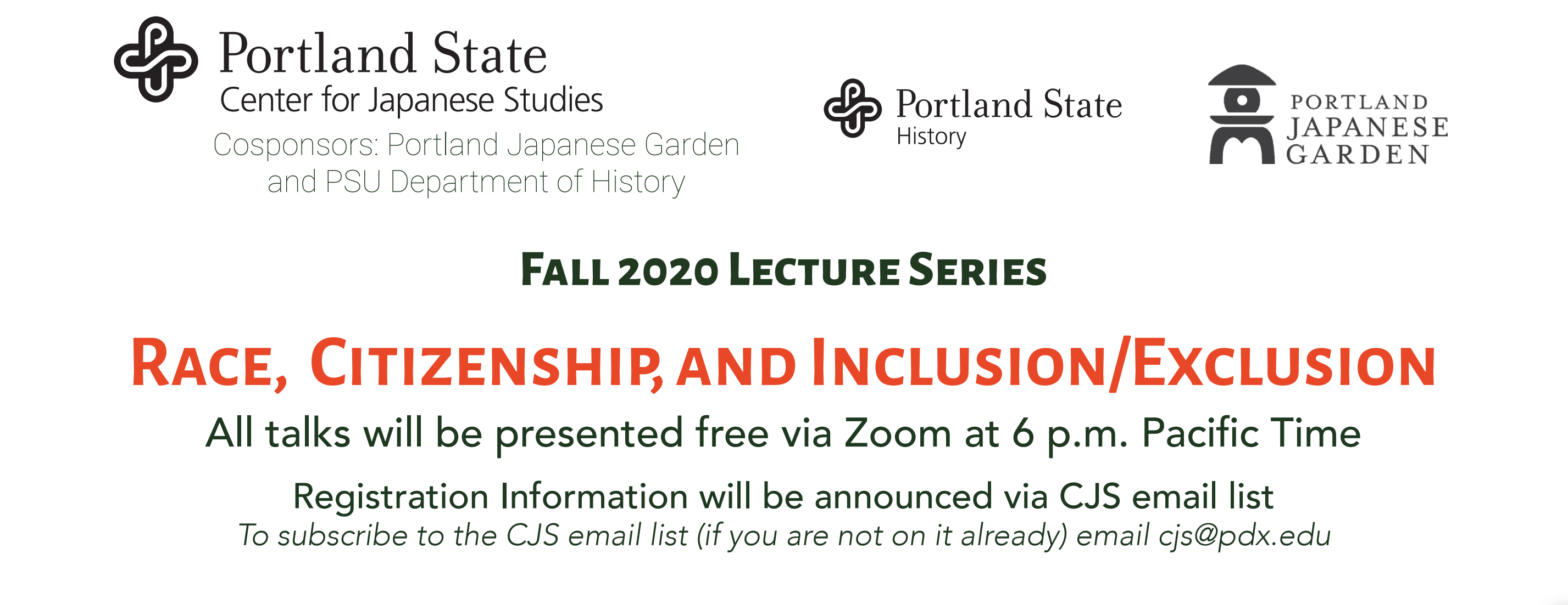 Fall Lectures Series Flyer Banner Showing Co-Sponsors the Japanese Gardens and PSU History Department
