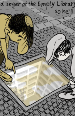 cartoon - 2 boys view the empty library