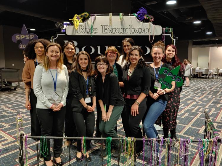 Portland State University Social Psychology Faculty and Students at the 2020 Annual SPSP Conference in New Orleans, LA. From Left to right: Jaboa Lake, Kimberly Kahn, Zeinab Hachem, Aeleah Granger, Alyssa Glace, Cynthia Mohr, Sheila Umemoto, AnnaMarie O'Neill, Tessa Dover, Emma Money