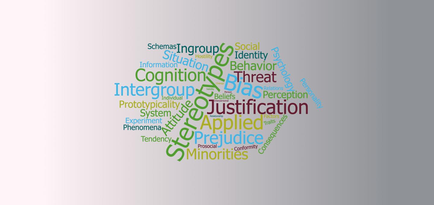 Word cloud image containing words of various sizes and colors related to social psychology and intergroup relations. Words from largest to smallest include: Bias, Stereotypes, Applied, Justification, Cognition, Intergroup, Prejudice, Minorities, Threat, Attitude, Behavior, Ingroup, Situation, Identity, Perception, Prototypicality, Psychology, Social, Systems, Beliefs, Consequences, Experiment, Information, Personality, Phenomena, Schemas, Tendency, Conformity, Factors, Hostility, Individual, Prosocial