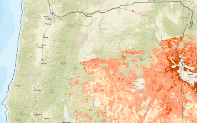 an Oregon map with shaded orange sections in the south-east corner
