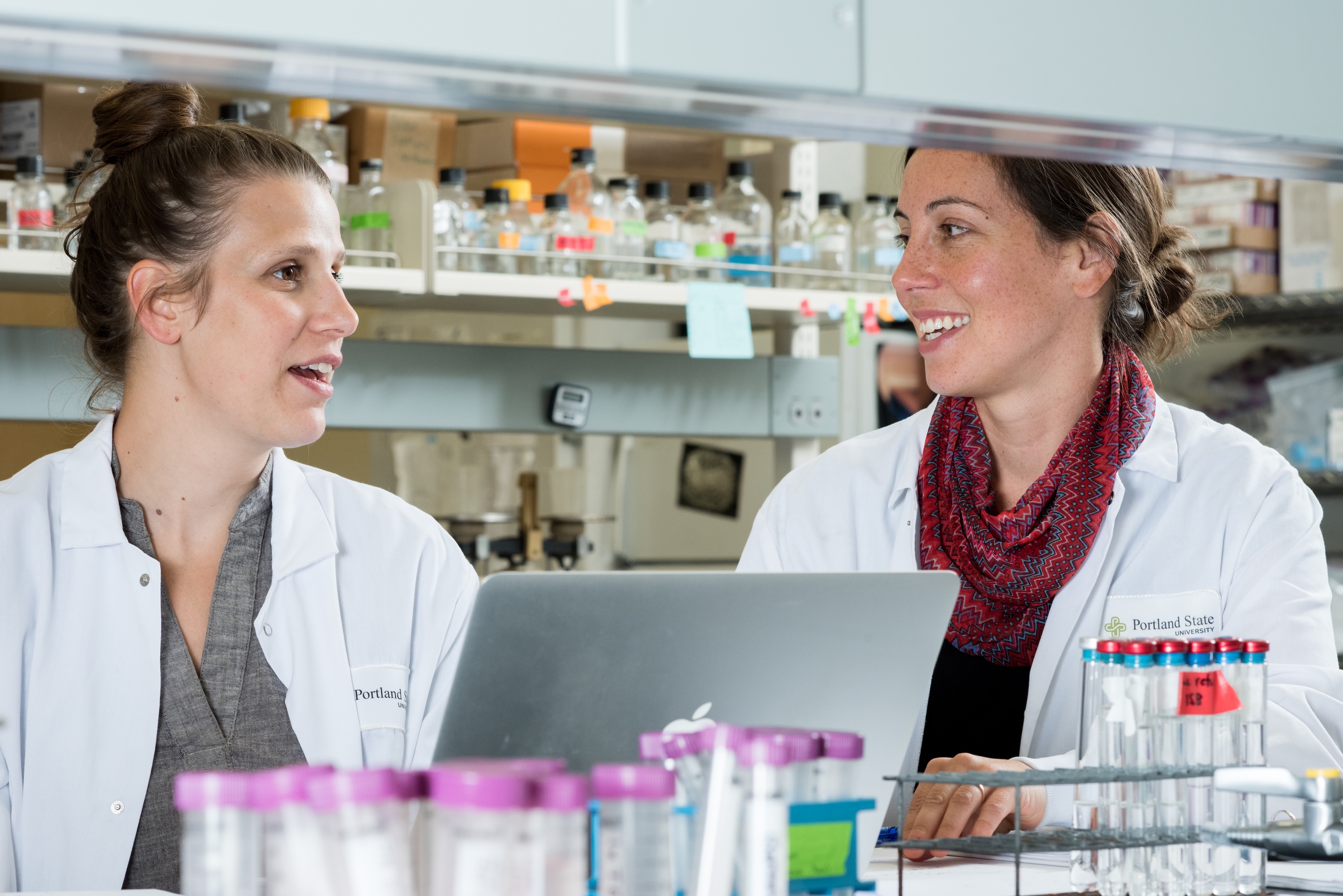 Teacher and professor looking at laptop in research lab