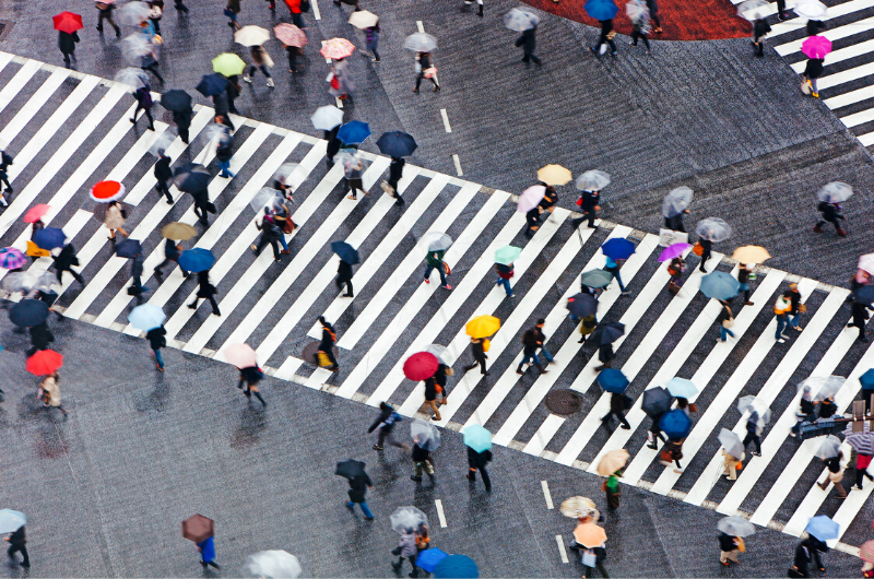 Crowd of people, many with umbrellas, walking on large crosswalk