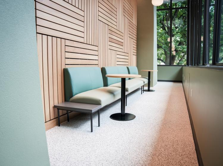 Student lounge space along the perimeter of the building