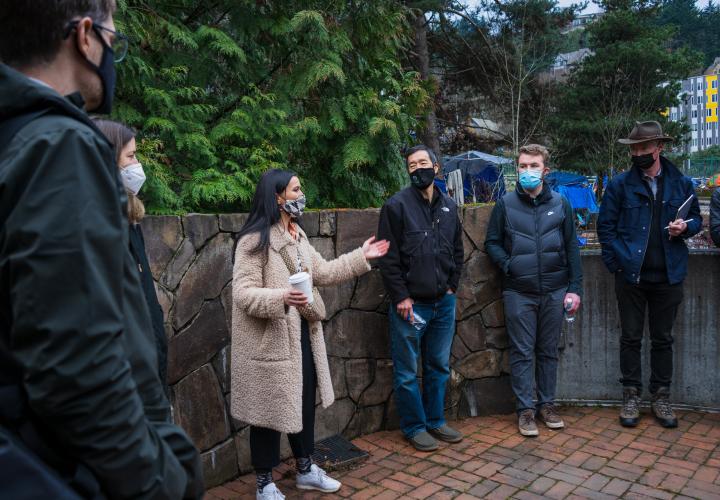 Student leading group tour