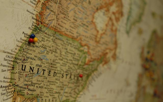 Close up of U.S. map with pins on Oregon