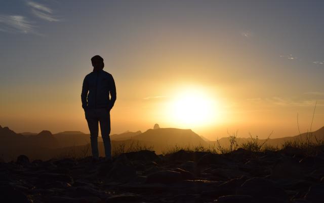 Silhouette of someone looking out at landscape 