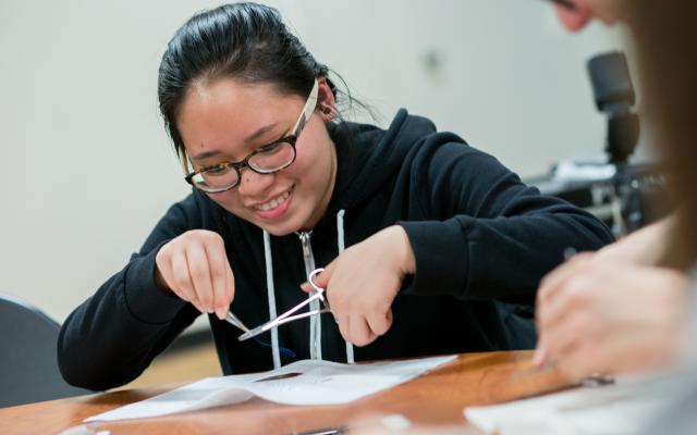 Pre-health student practicing suture techniques