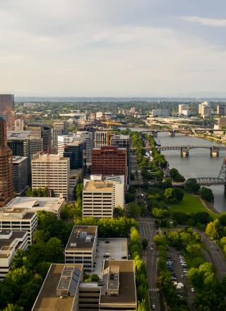 Portland panoramic with downtown to left, Willamette River to right