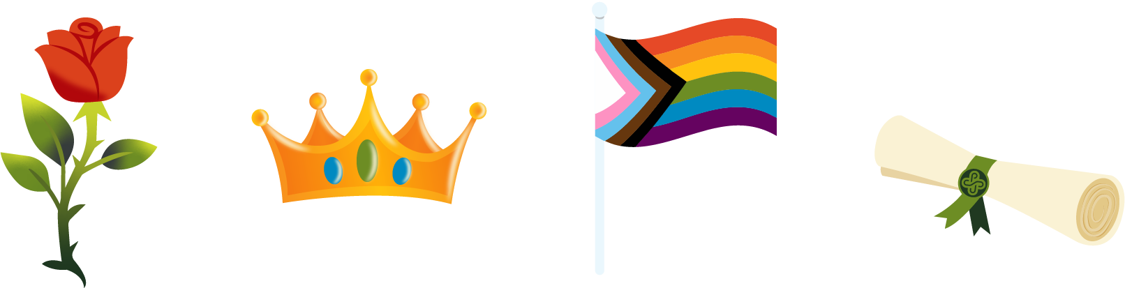 Rose, crown, pride flag, and diploma