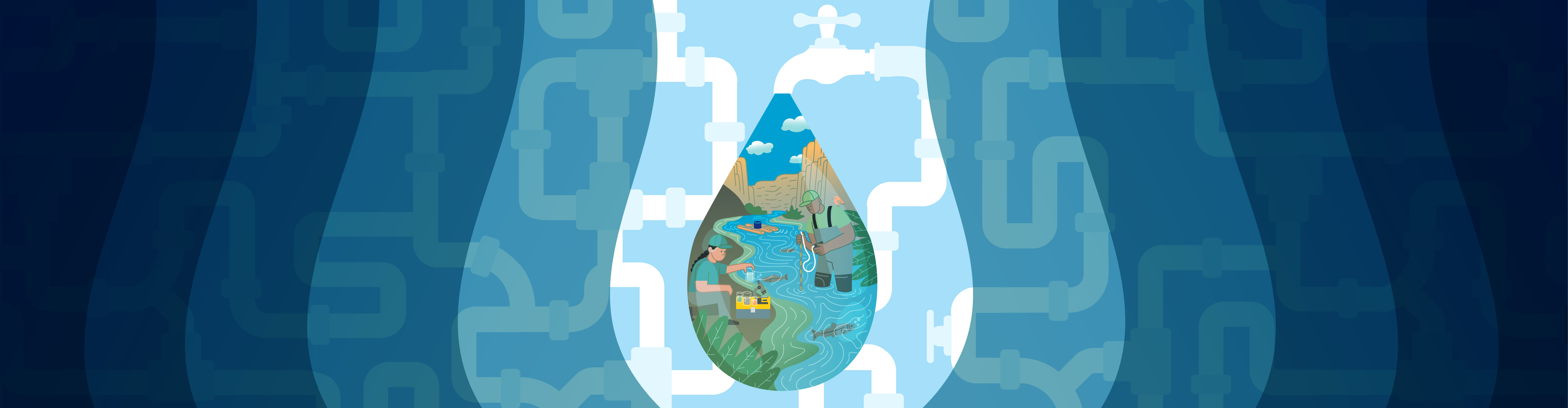 Encapsulated in a water drop, two students collect samples from wetlands. Water pipes surround the droplet.