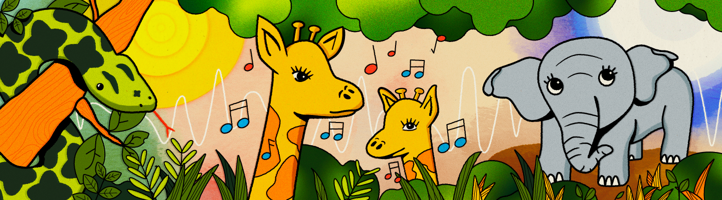 Illustration of a snake, giraffes, and elephant