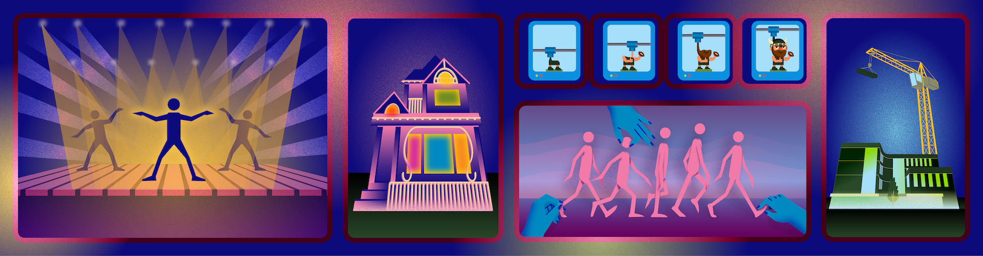 A colorful illustration with multiple panels depicting different scenes. Starting left from right, stop-motion puppet being arranged in a walk-cycle, the new art building with a crane towering in the background, a brightly illuminated stage with three figures in the foreground, a 3D printer with a Victor E. Viking being printed, and finally the Simon Benson House illuminated with colorful lights.