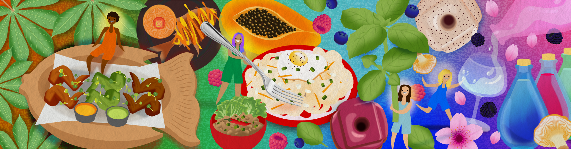 illustration of people interacting with plates of food