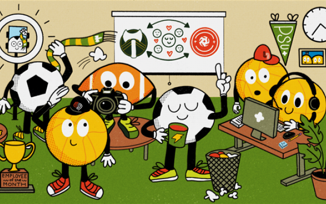 Illustration of sports balls working in an office