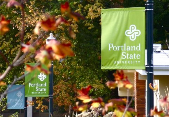 PSU lamp post banner with spring flowers