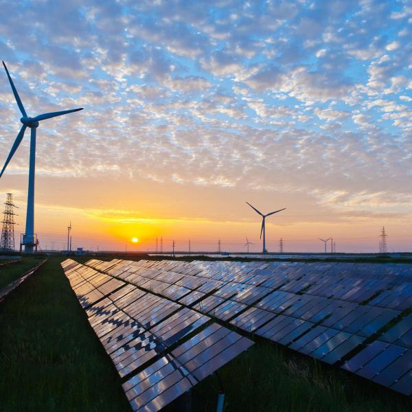 Wind turbines and solar panels in a field at sunset