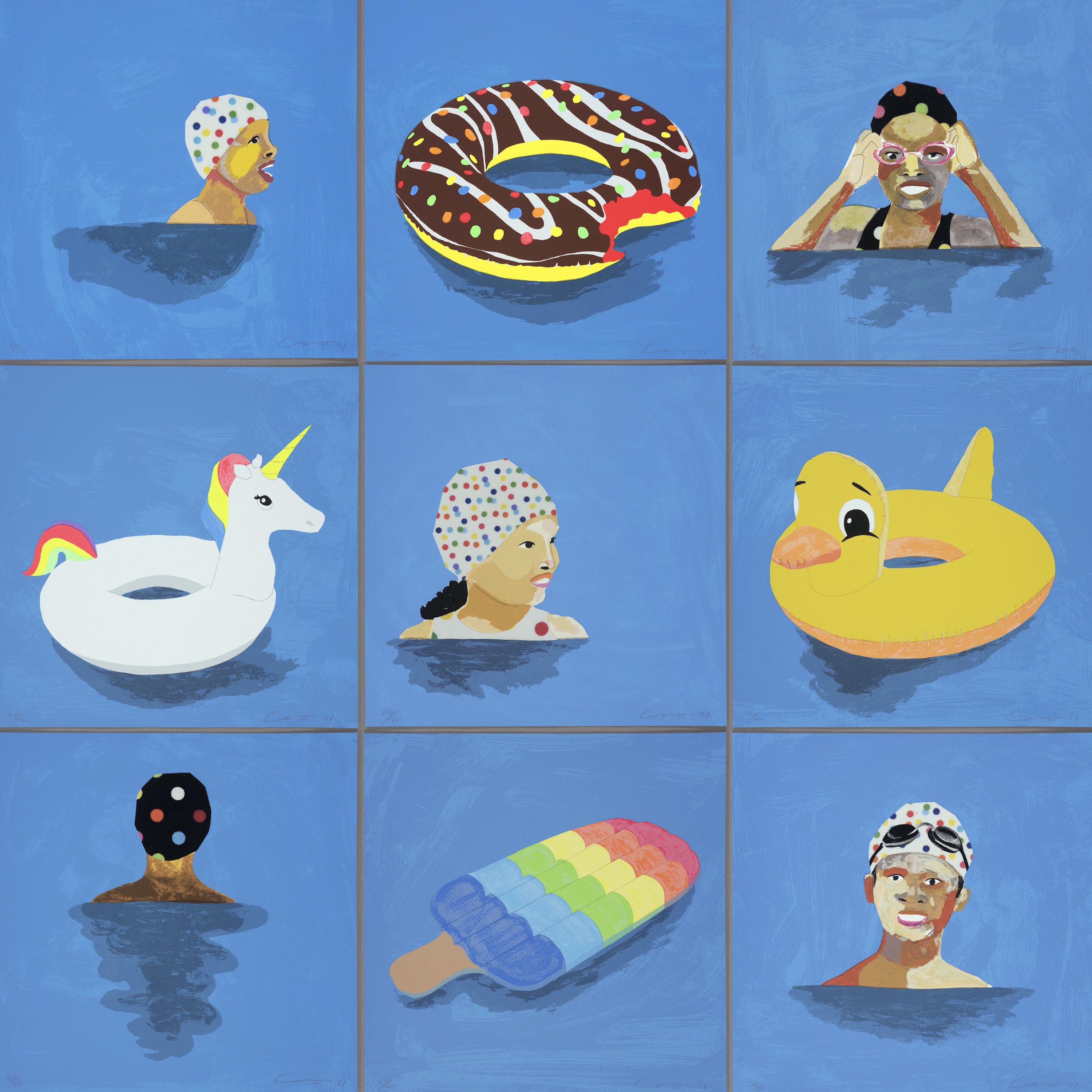 Series of 9 prints, stacked in a sqare by Derrick Adams showing different pool items, from floaties to swimmers
