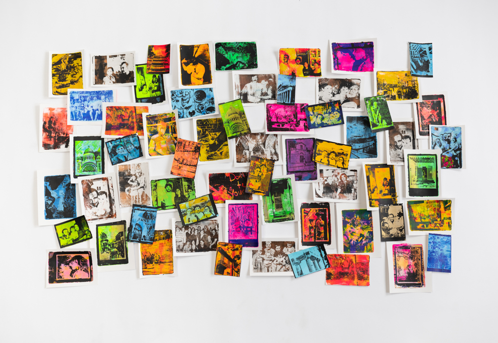 multiple small transfer photographs of family members, vibrant colors