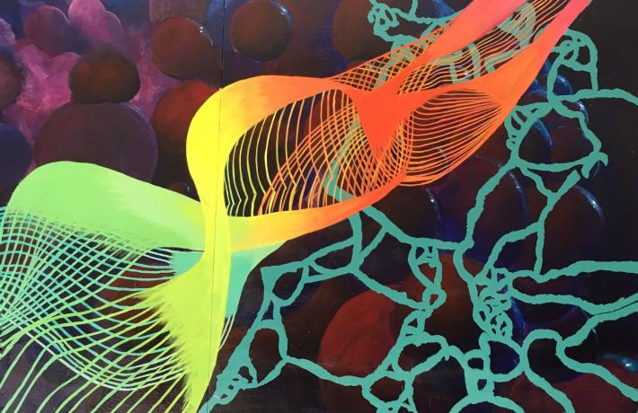 Close-up of mural imagery reminiscent of DNA strands, in bright red and yellow against a dark background.