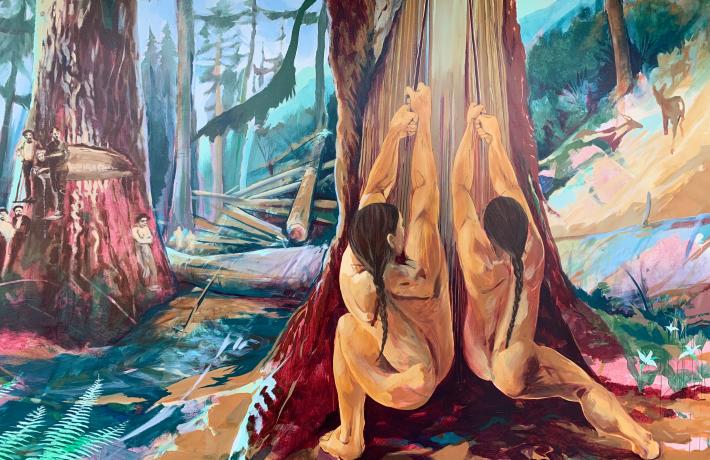 Close-up of a mural section, showing Native people stripping wood from a tree.