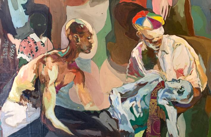 Detail image of mural, focusing on two Black figures carrying a dead body.