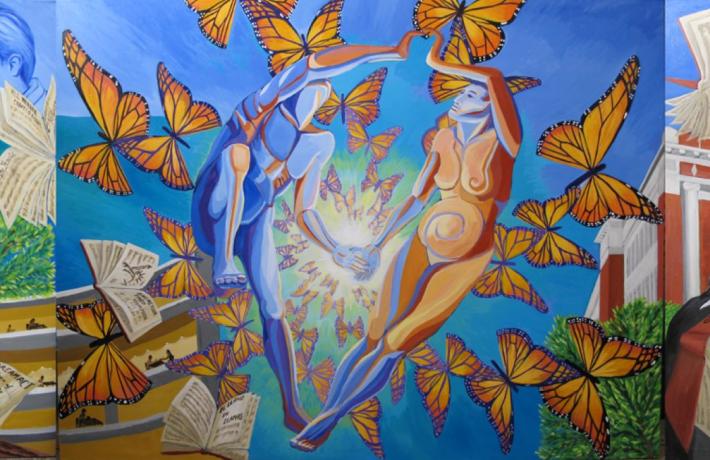 Wide angle image of the Dreaming of Educational Horizons mural