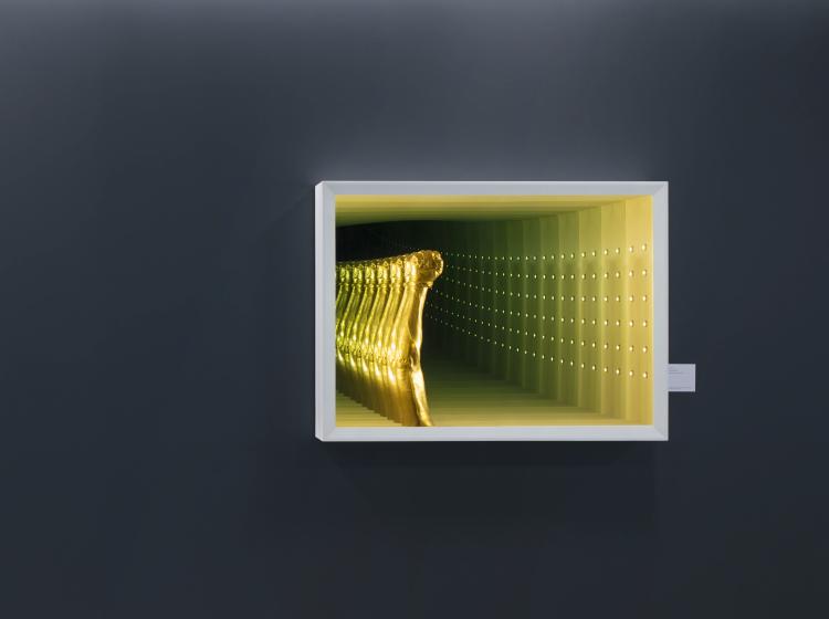 The artwork is shown on a dark grey wall in Fariborz Maseeh Hall. 