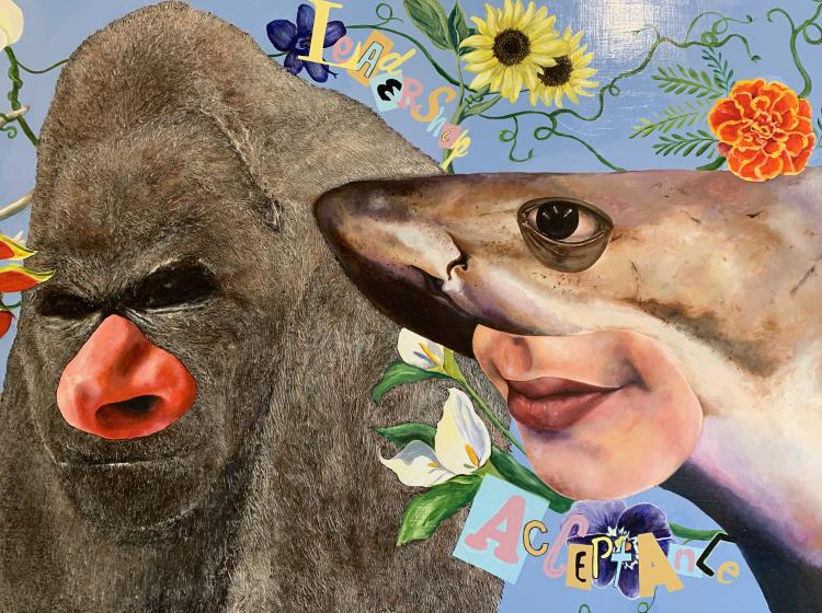 Close-up of a gorilla hybrid and a shark hybrid. They are surrounded by plant life, and the words "leadership" and "acceptance" in a collage style.