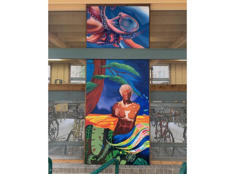 One of three sections of the mural. A tall vertical composition shows an octopus and a Venus De Milo figure colored like a musculoskeletal model.