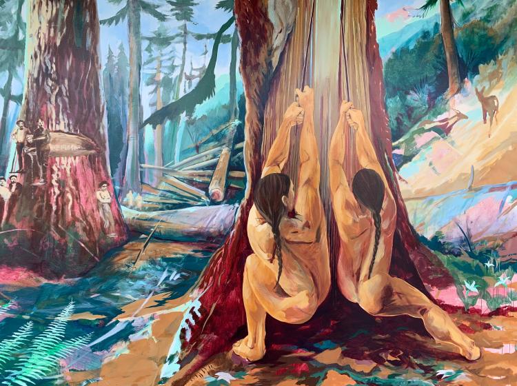 Close-up of a section of the mural that shows Native people stripping wood from a tree.